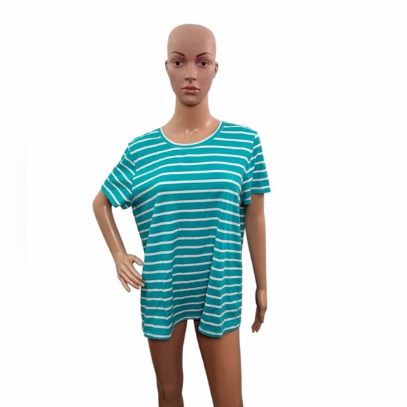 Chicos Women’s Size XL (3) Short Sleeve Round Neck Blue White Striped Tee - Picture 2 of 6